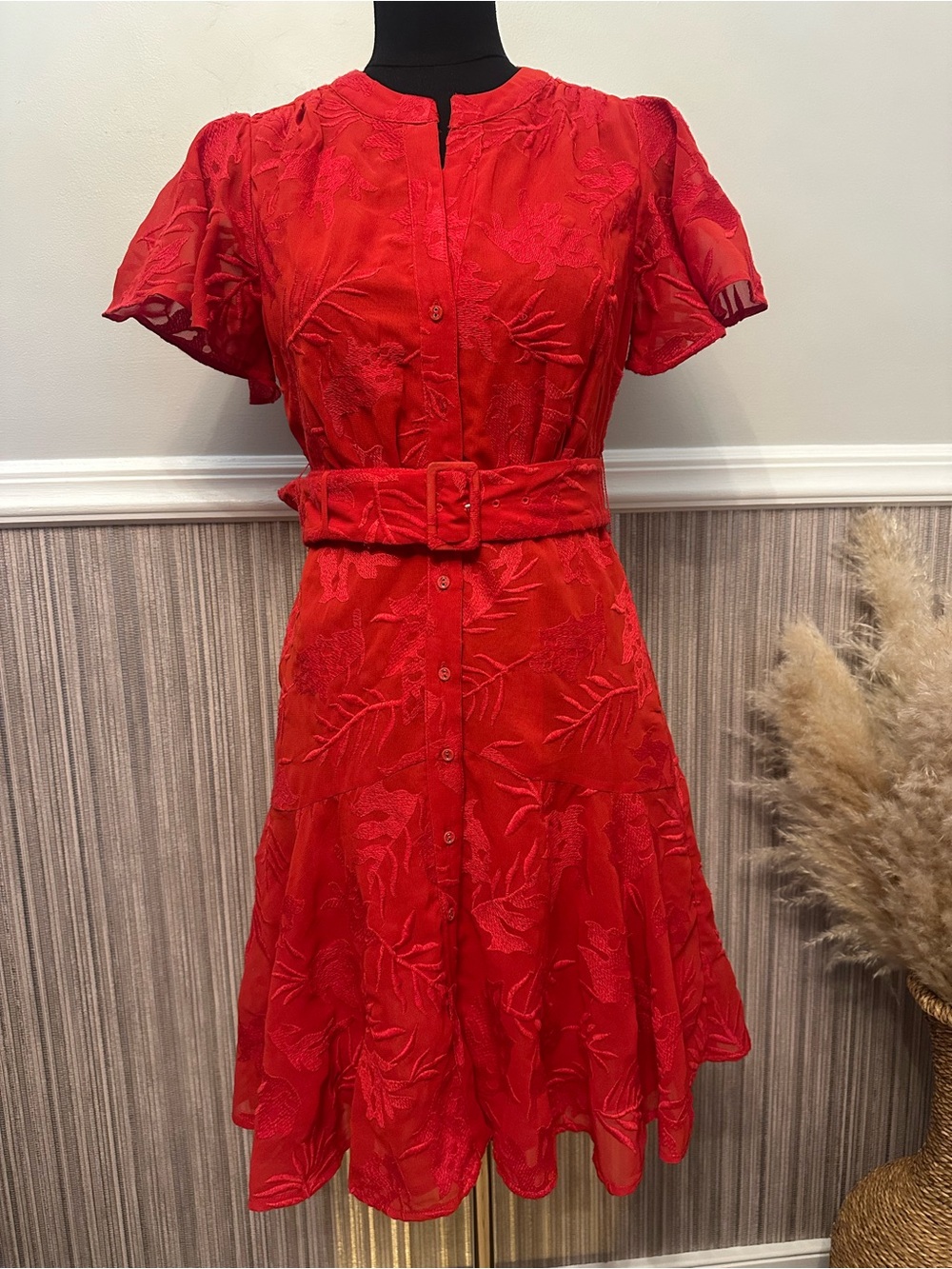 Ranna Gill Red Embroidered Belted Fit & Flare Dress XS